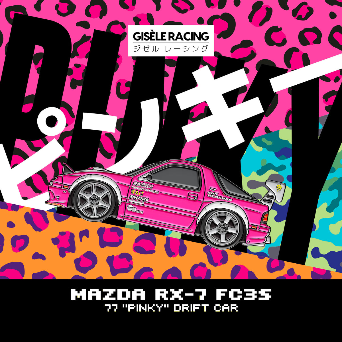 Mazda RX-7 FC3S · Pinky — Gisèle Racing enamel pin on its backing card