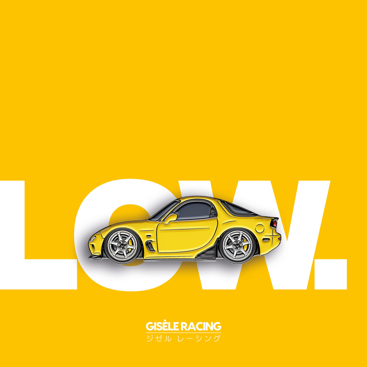 Low. — Gisèle Racing enamel pin on its backing card