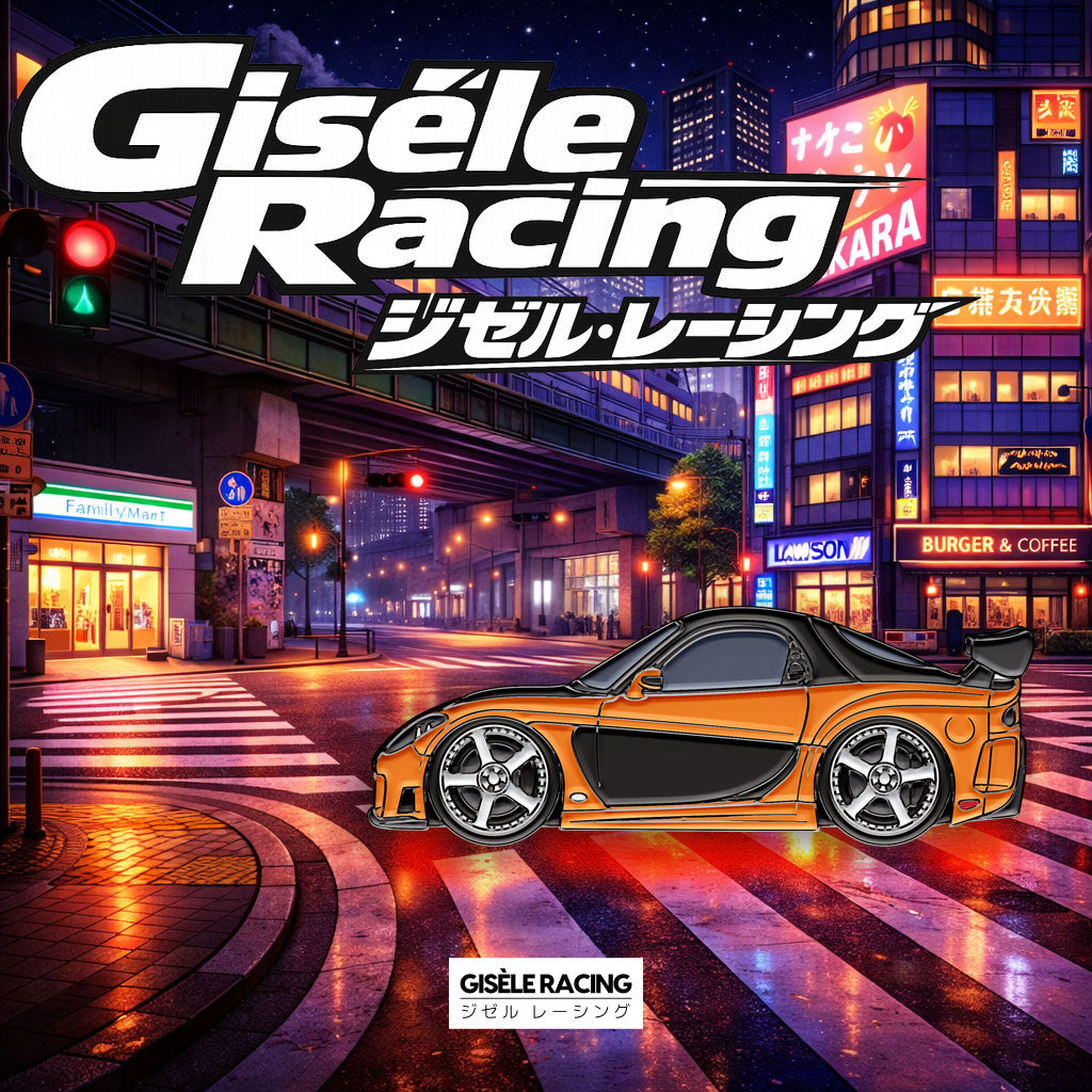 Tokyo · Orange — Gisèle Racing enamel pin on its backing card