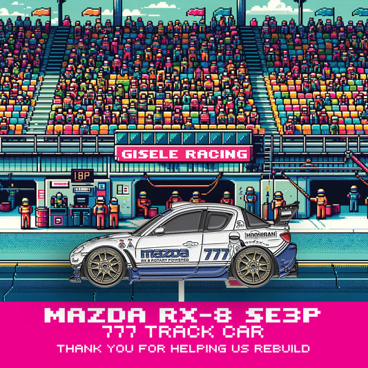 Mazda RX-8 SE3P 777 — Gisèle Racing enamel pin on its backing card