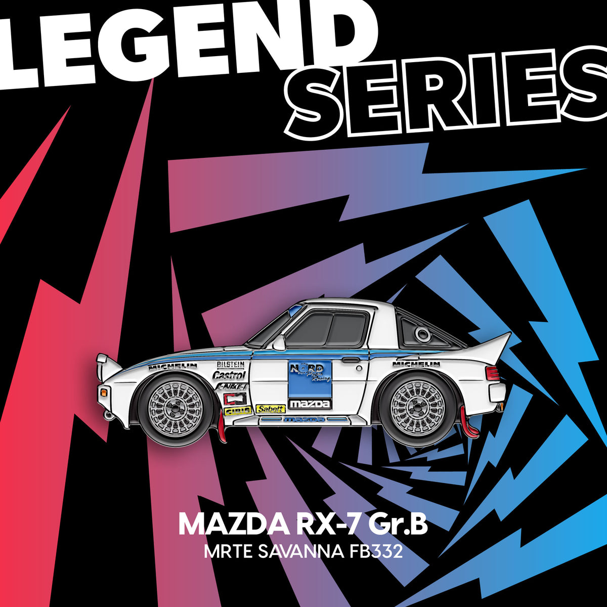 Mazda RX-7 Gr.B — Gisèle Racing enamel pin on its backing card