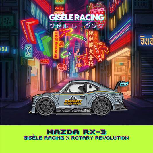 Mazda RX-3 — Gisèle Racing enamel pin on its backing card