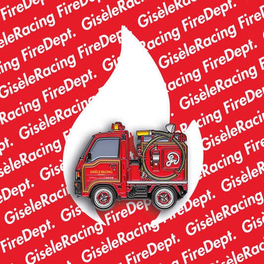 Subaru Sambar · Firetruck — Gisèle Racing enamel pin on its backing card