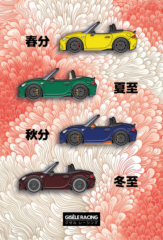 MX-5 · Four seasons — Gisèle Racing enamel pin on its backing card