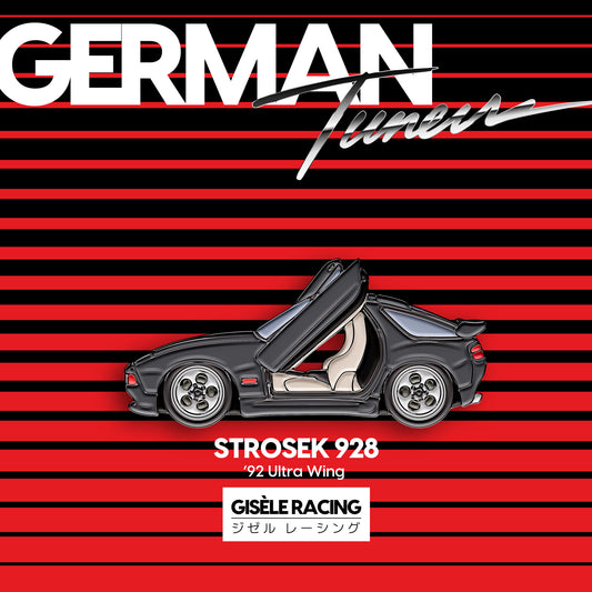 Strosek 928 — Gisèle Racing enamel pin on its backing card