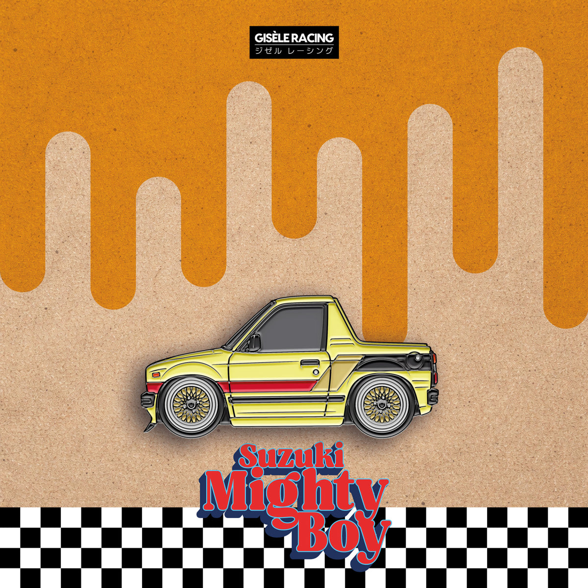 Suzuki Mighty Boy — Gisèle Racing enamel pin on its backing card