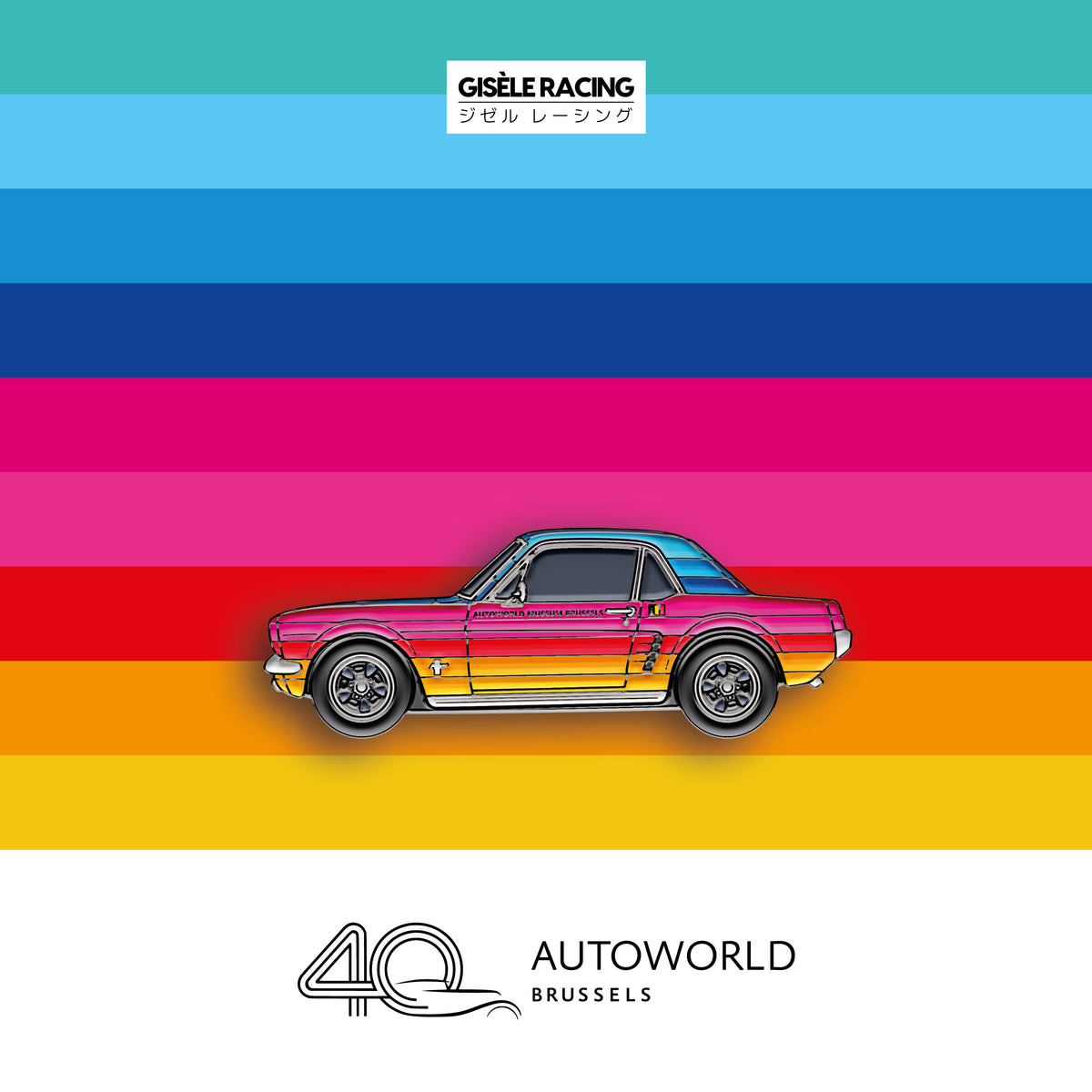 Autoworld · 40 years — Gisèle Racing enamel pin on its backing card