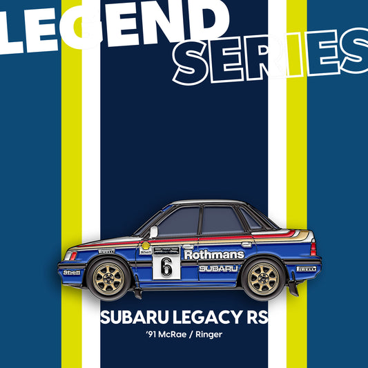 Subaru Legacy RS · 1991 — Gisèle Racing enamel pin on its backing card