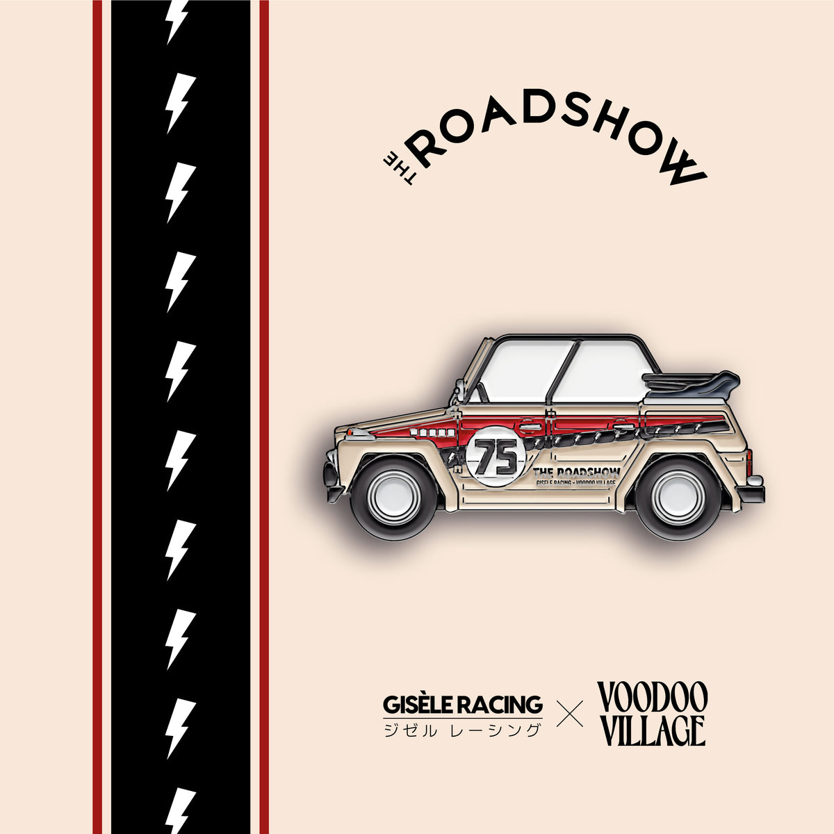 The Roadshow — Gisèle Racing enamel pin on its backing card