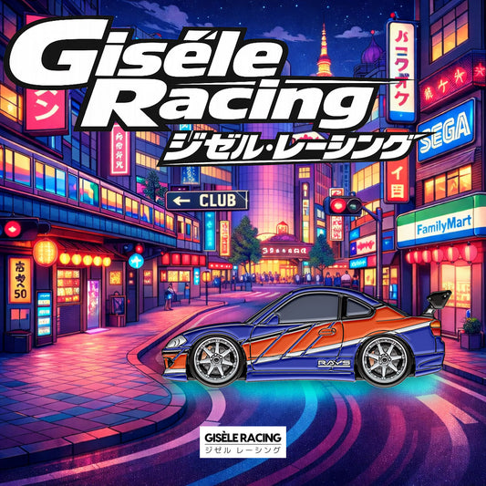 Tokyo · Orange & Blue — Gisèle Racing enamel pin on its backing card