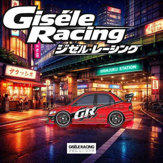 Shinjuku · Red — Gisèle Racing enamel pin on its backing card