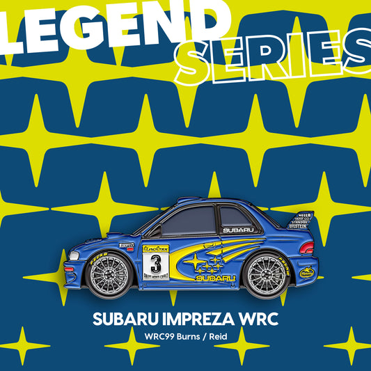 Subaru Impreza WRC · Burns / Reid — Gisèle Racing enamel pin on its backing card