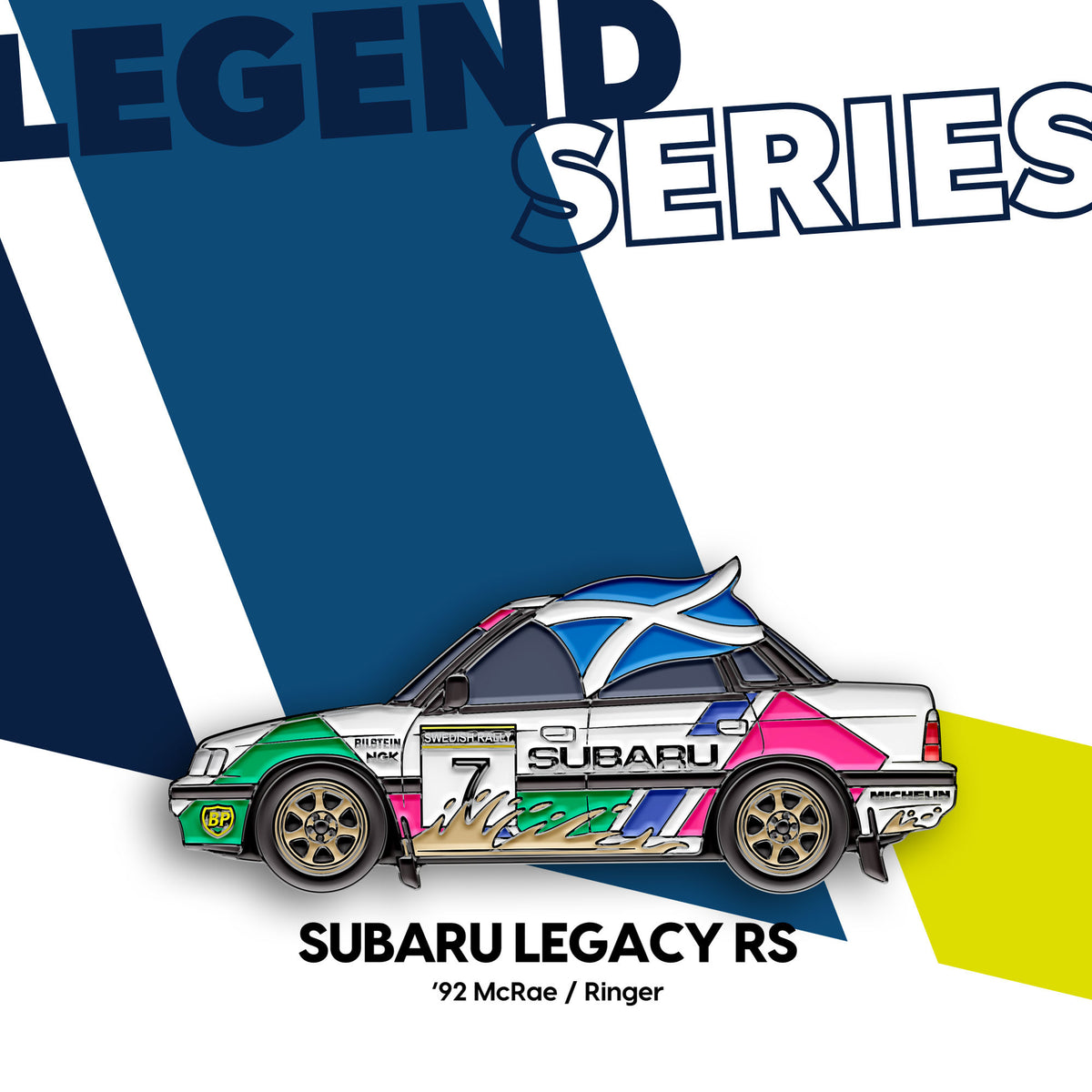 Subaru Legacy RS · 1992 — Gisèle Racing enamel pin on its backing card