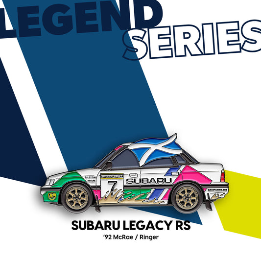 Subaru Legacy RS · 1992 — Gisèle Racing enamel pin on its backing card